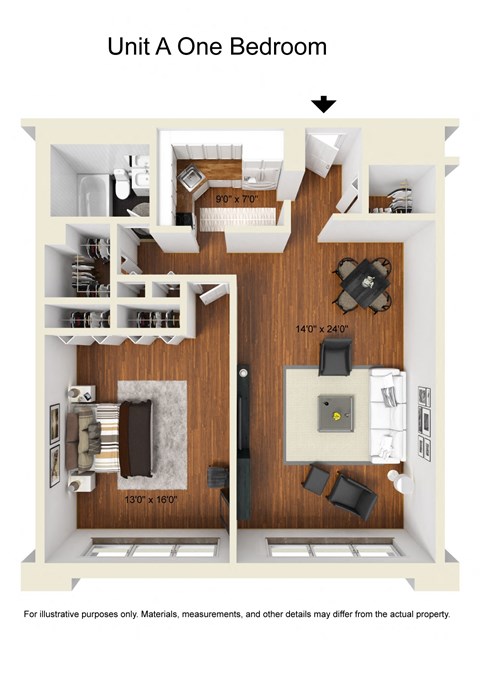 Floor plan for 1 bed, 1 bath, 810 sqft